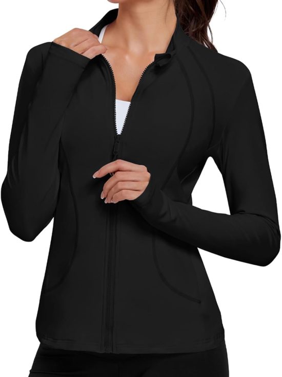 Women's workout athletic zip-up jacket sport track shirt gym yoga sportswear with pockets