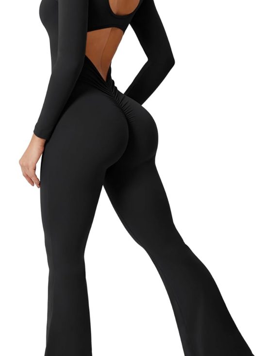 One-piece wide leg jumpsuit women long sleeve backless flare workout yoga romper