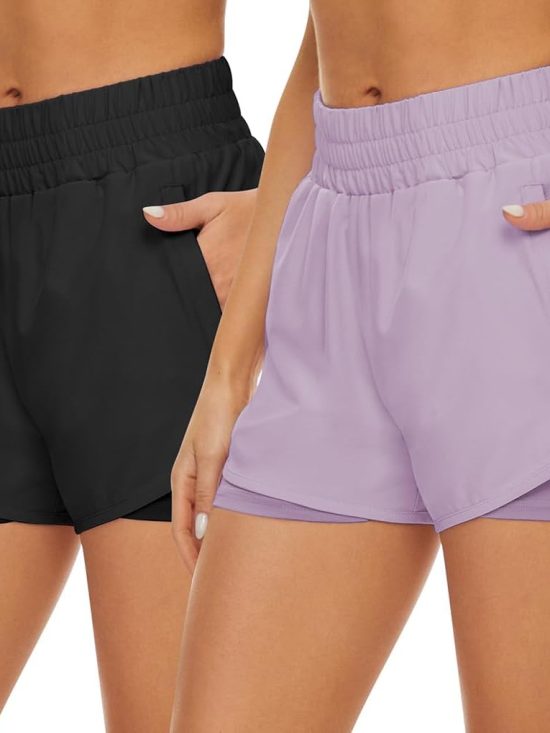 2 pack athletic shorts for women quick-dry running shorts with pockets high waist workout gym sports shorts