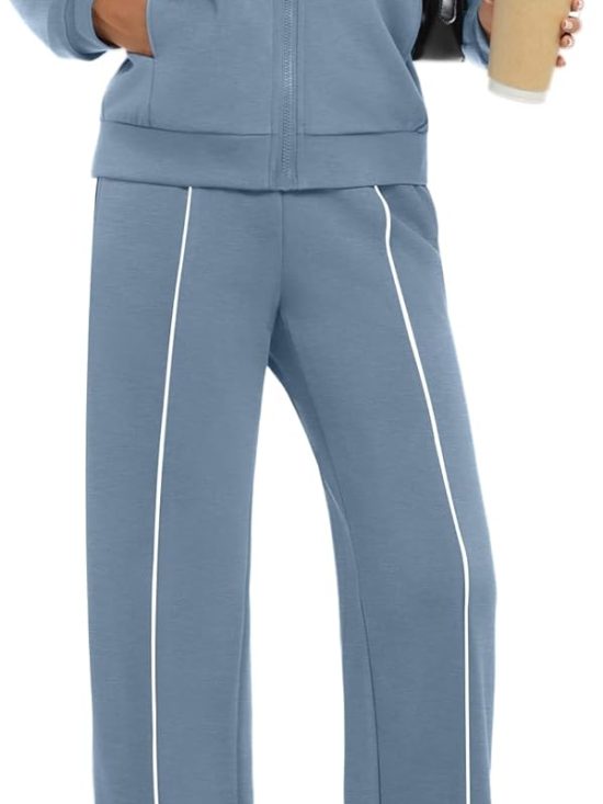 Women 2-piece outfit zip sweatsuit lounge set wide leg pants striped tracksuit