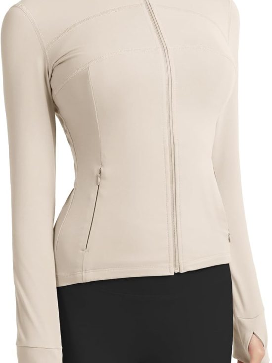 Women's slim fit workout running track full zip yoga athletic jacket thumb hole sleeves
