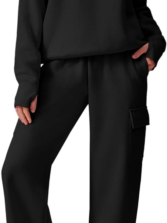 2-piece set fleece sweatsuit sweatshirt wide leg cargo sweatpants with pockets thumbhole