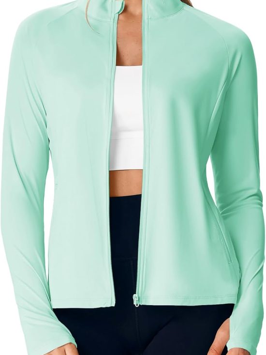 Women's UPF 50+ sun protection lightweight full zip athletic hiking long sleeve packable workout jacket