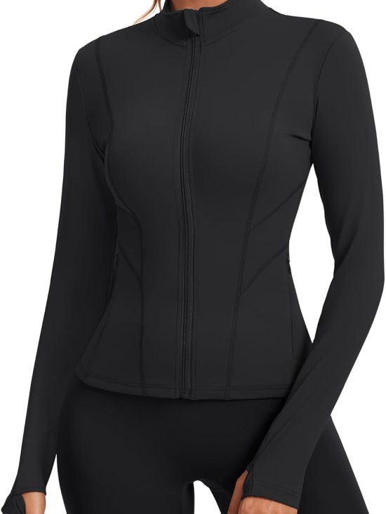 Women's slim fit workout jacket full zip long sleeve running athletic yoga top thumb holes
