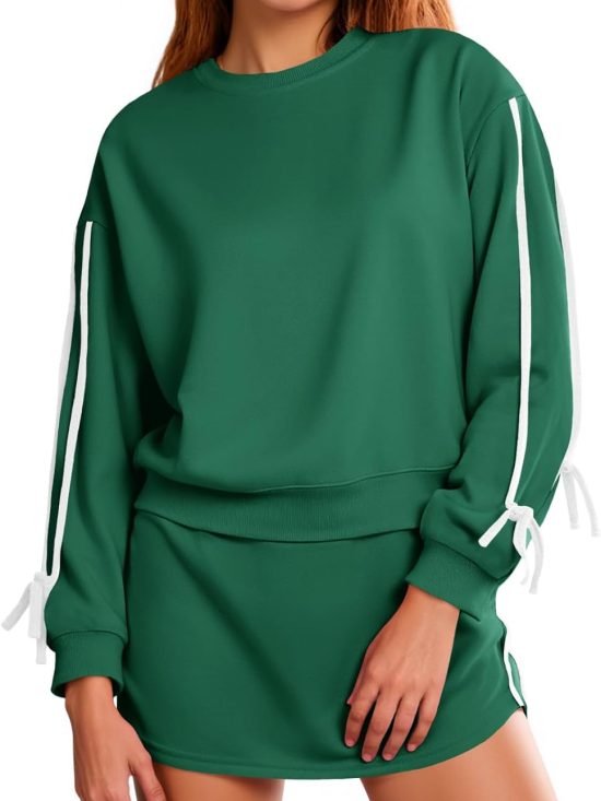 Women 2-piece outfit crewneck sweatshirt tie waist skort workout casual tracksuit set