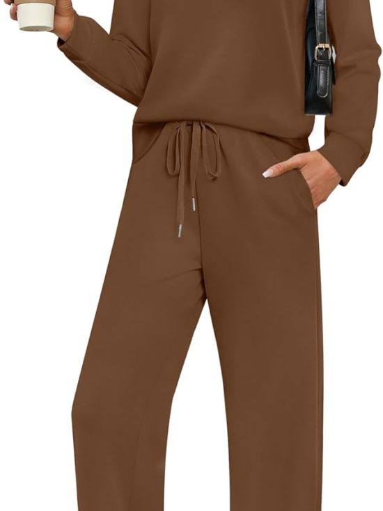 Women 2-piece lounge outfit sweatshirt casual travel wide leg tracksuit set