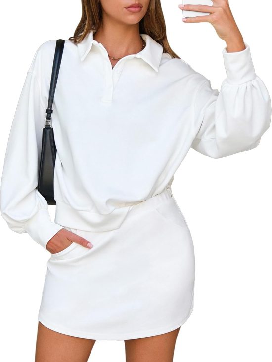 Women two-piece set polo sweatshirt skort matching tennis skirt workout tracksuit outfit