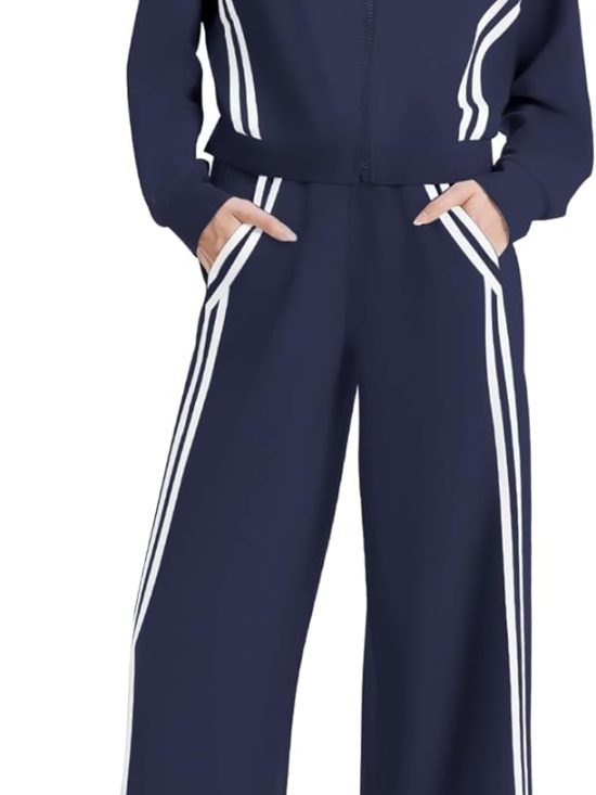 Women 2-piece lounge set zip sweatshirt striped wide leg jogger pants tracksuit