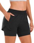 Women 2-in-1 running shorts high waist athletic gym workout shorts with liner and zipper pockets