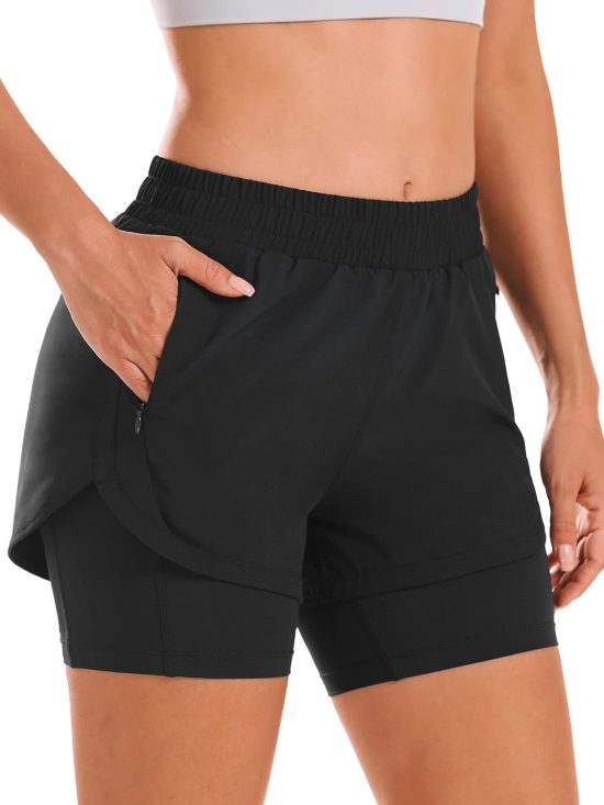 Women 2-in-1 running shorts high waist athletic gym workout shorts with liner and zipper pockets