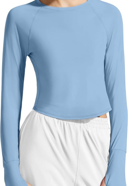 Lightweight women's long sleeve rash guard crop workout top thumb holes sun protection quick-dry running athletic shirt