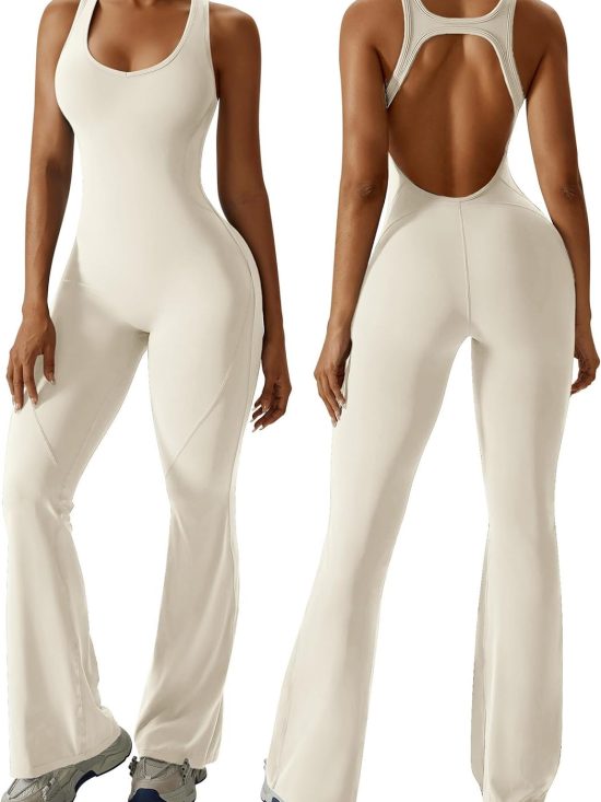 Women flare jumpsuit with bra tummy control cutout romper sleeveless workout one-piece backless bodysuit
