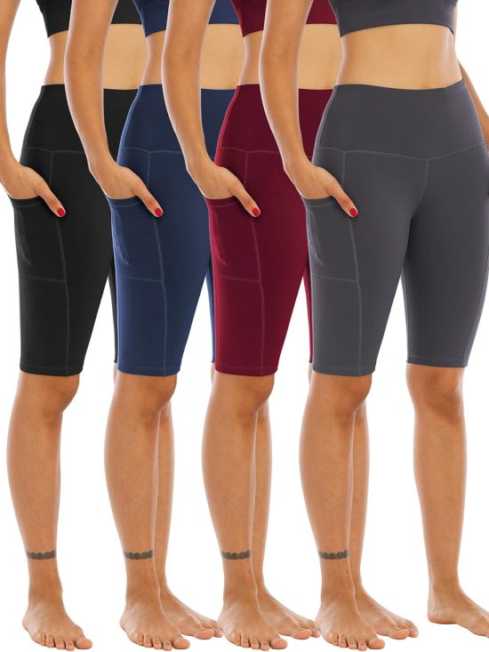 4 pack biker yoga shorts with pockets high waist athletic running workout gym shorts tummy control