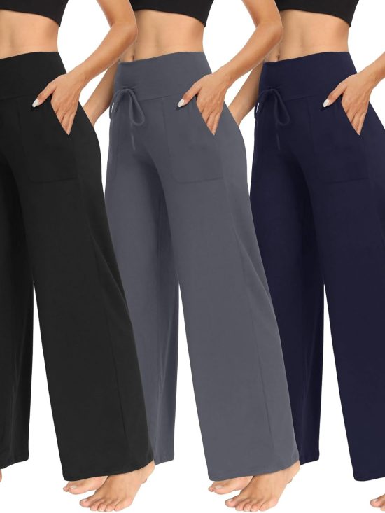 3 pack women wide leg pants with pockets casual loose yoga trousers sweat lounge pajama pants