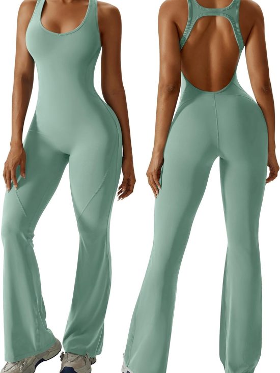 Women flare jumpsuit with bra cutout romper sleeveless workout one-piece bodysuit backless design