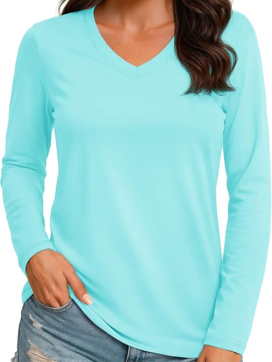 Women's long sleeve V-neck top lightweight quick-dry UPF 50+ sun protection workout hiking running shirt