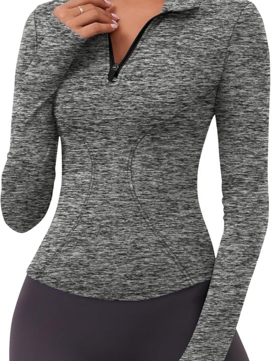 Women's long sleeve workout top quick-dry quarter-zip pullover crop yoga athletic slim fit shirt